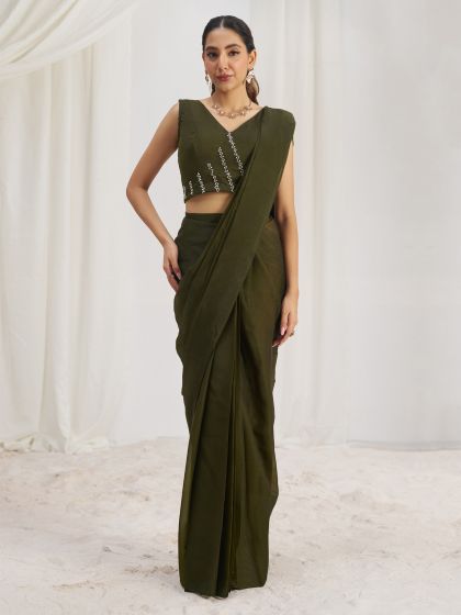 Olive Green Hand Work Pre Stitched Saree