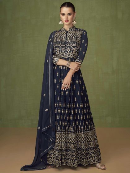 Blue Slitted Anarkali Salwar Kameez In Georgette