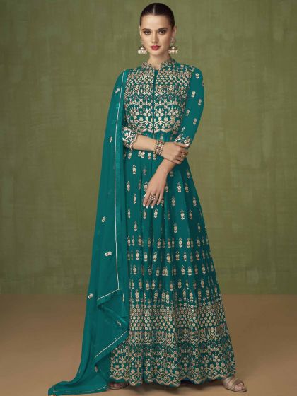 Turquoise Anarkali Salwar Suit With Embroidery