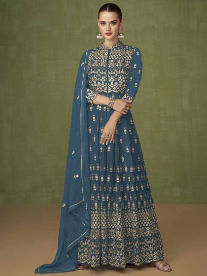 Blue Anarakali Suit With Stone Embroidery