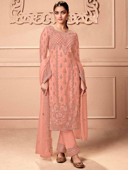 Peach Embroidered Pant Style Salwar Suit In Net