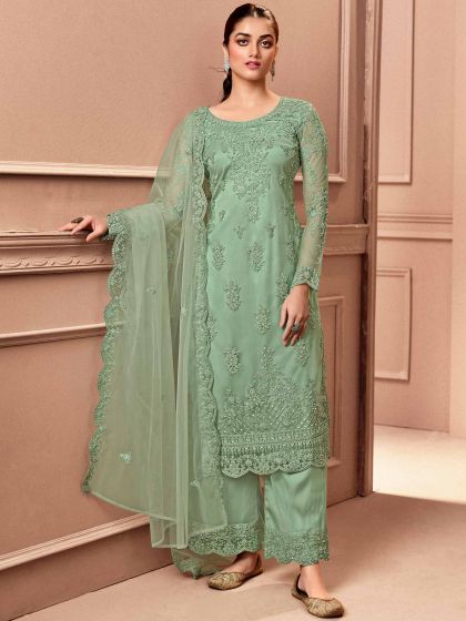 Green Pant Style Salwar Kameez With Embroidery