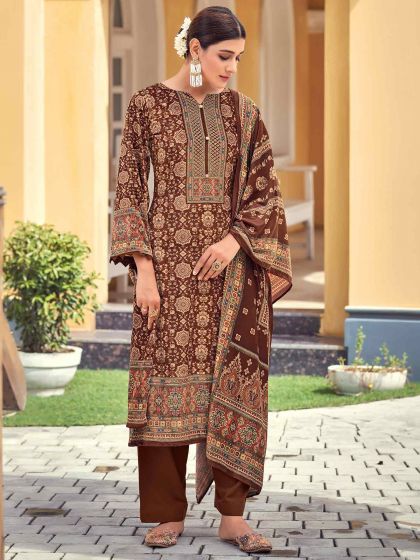 Brown Printed Salwar Kameez In Velvet