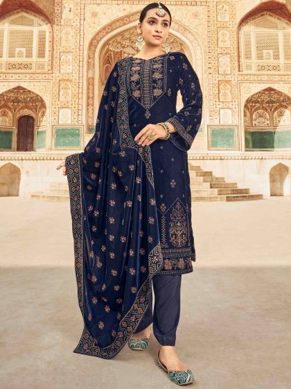 Blue Velvet Salwar Kameez With Dupatta