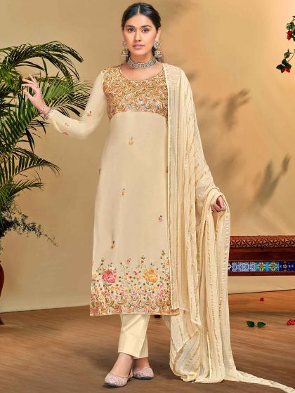 Cream Pant Style Suit With Embroidery