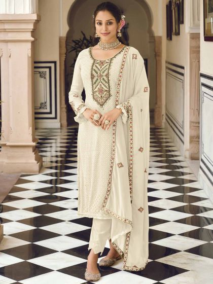 White Thread Embroidered Georgette Salwar Kameez