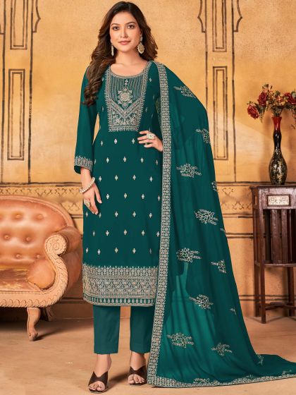 Green Embroidered Straight Cut Salwar Kameez