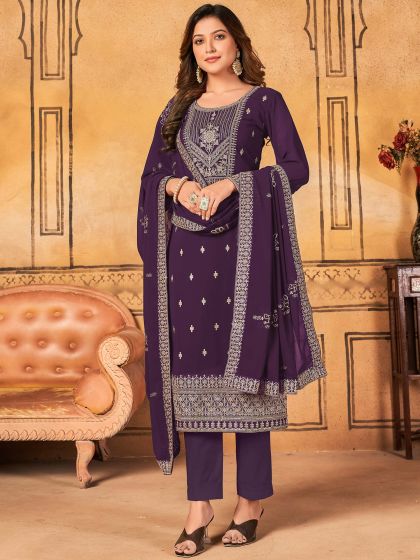 Purple Dori Embroidered Suit In Georgette