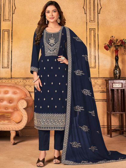 Blue Sequined Straight Cut Salwar Suit