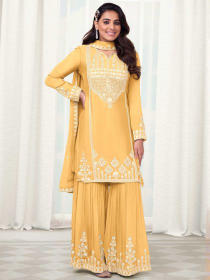 Yellow Festive Embroidered Sharara Salwar Suit