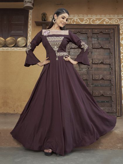 Maroon Floor Length Gown In Muslin Flare Style For Womens