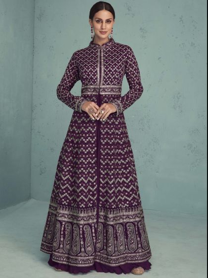 Purple Embroidered Jacket Style Salwar Kameez