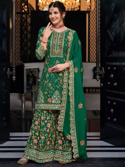 Green Thread Embroidered Palazzo Salwar Kameez