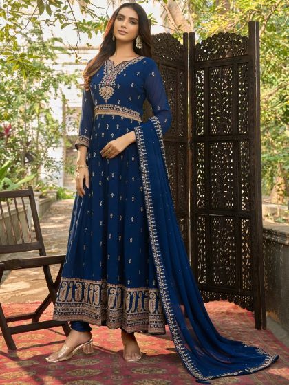 Blue Anarkali Style Salwar Kameez In Georgette