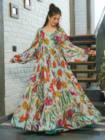 Blue Printed Gown In Chinon With Full Sleeves