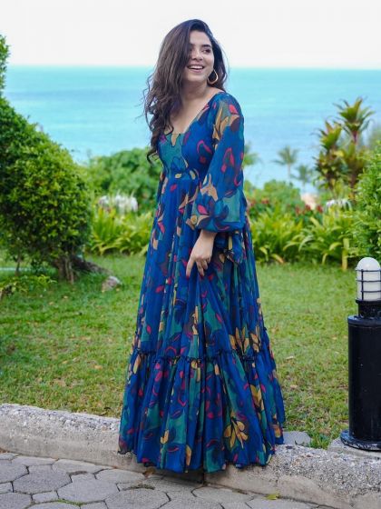 Navy Blue Floral Printed Gown In Georgette