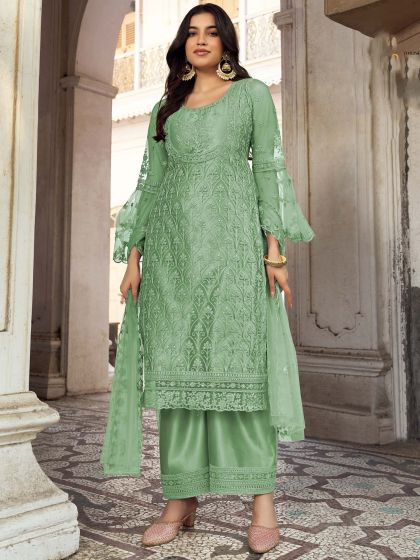 Green Embroidered Festive Suit In Net