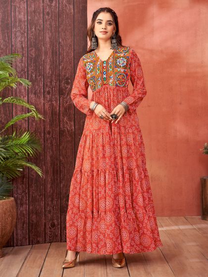 Red Thread Embroiderd Navratri Style Gown