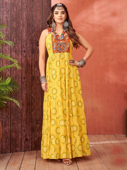 Yellow Printed Gown In Georgette