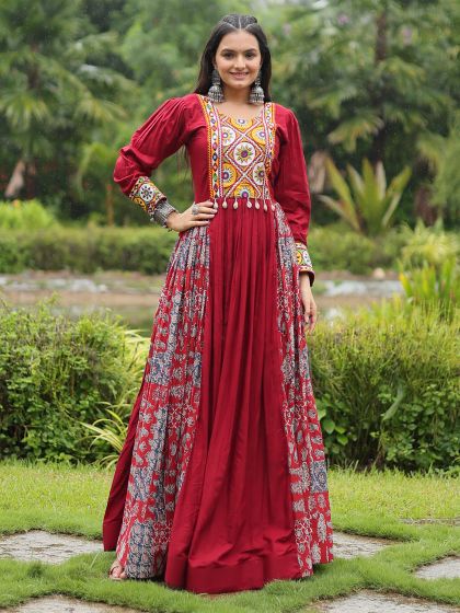 Red Mirror Work Gown With Puffy Sleeves