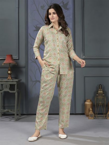 Beige Rayon Co-Ords Set In Floral Print