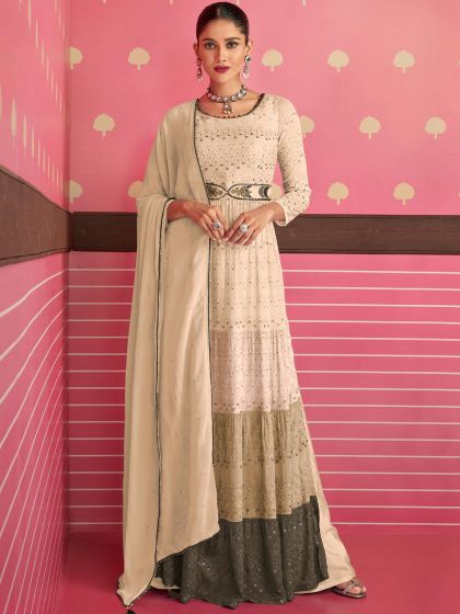 Beige Embroidered Gathered Suit With Dupatta
