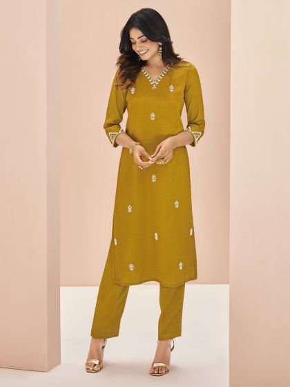 Dijon Yellow Party Wear Embroidered Dress