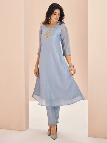 Steel Blue Organza Kurti In Hand Work