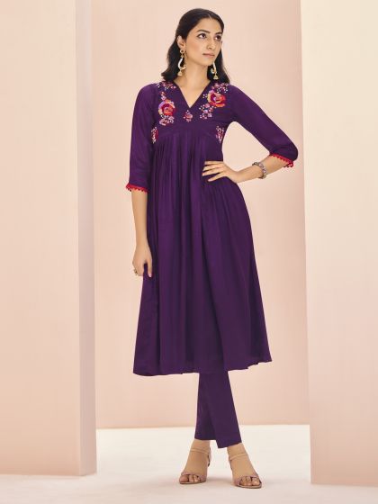 Dark Purple Party Wear Kurti In Floral Work