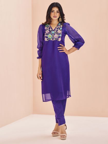 Purple Floral Embroidered Kurti With Pant