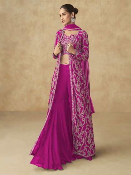 Rani Pink Zari Work Top With Sharara And Shurg