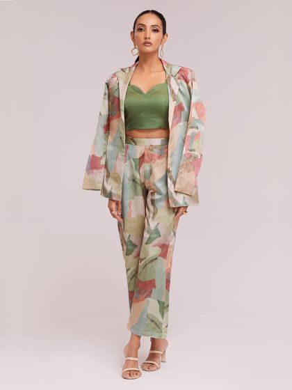 Multicolor Satin Co-Ord Set With Jacket