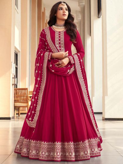 Pink Embroidered Anarkali Suits In Georgette