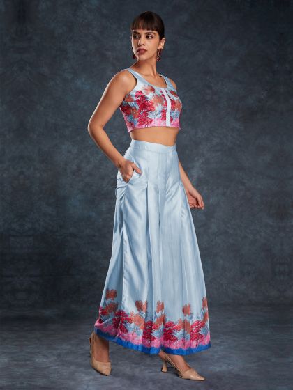 Sky Blue Casual Co-Ord Set In Linen Satin