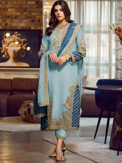 Blue Zari Embroidered Pant Style Salwar Suit