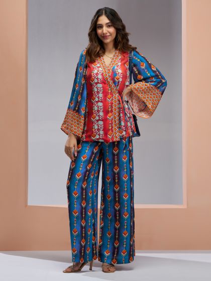 Blue Silk Co-Ord Set In Printed Pattern