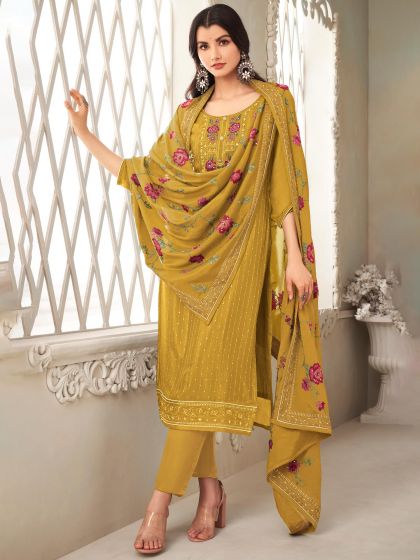 Yellow Embroidered Crepe Suit With Dupatta