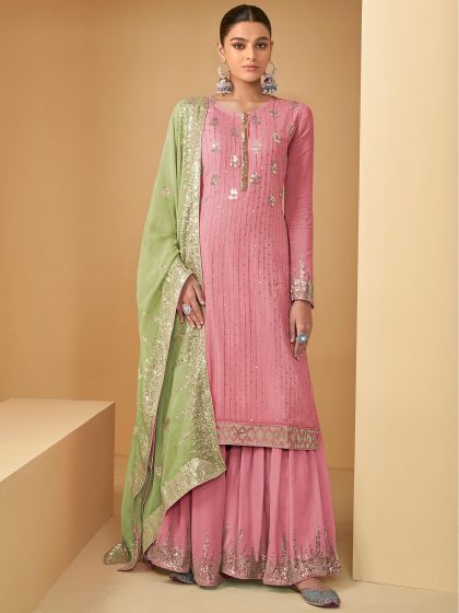 Pink Sequins Embroidered Pakistani Sharara Suit