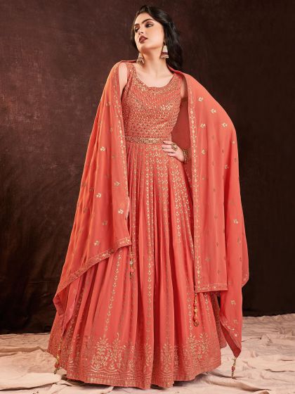 Orange Anarkali Suit With Sequins Embroidery