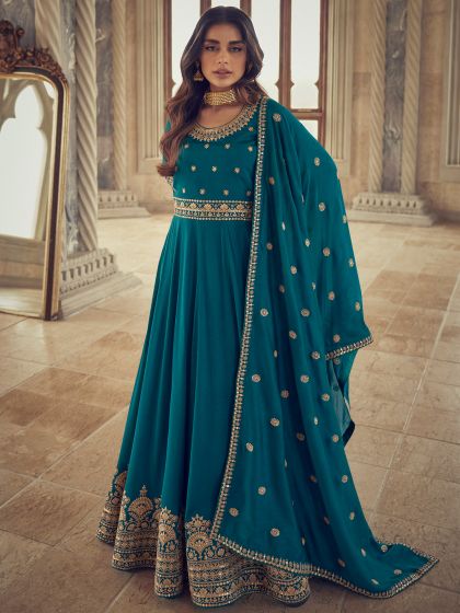 Blue Zari Embroidered Anarkali Silk Suit