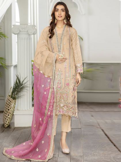 Peach Sequins Straight Cut Suit With Dupatta