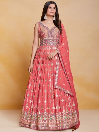 Peach Sequined Long Anarkali Suit In Georgette