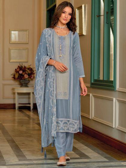 Blue Pant Style Suit With Floral Embroidered Dupatta