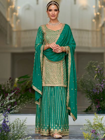 Green Silk Salwar Suit in Sharara Style