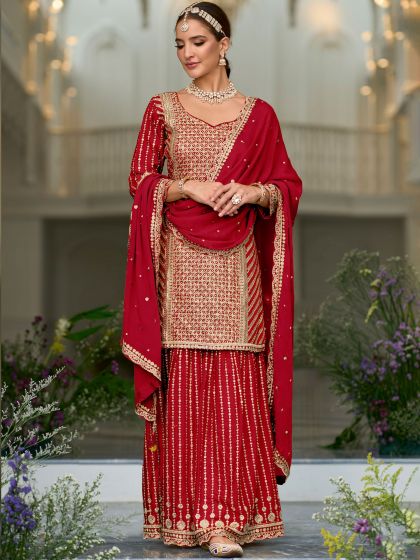 Red Sequined Sharara Salwar Kameez With Dupatta