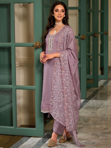 Purple Pant Style Organza Suit With Embroidery