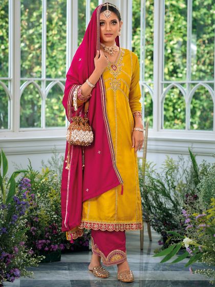 Yellow Zari Embroidered Silk Suit With Pant Style