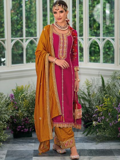 Pink Embroidered Pant Style Salwar Kameez In Silk