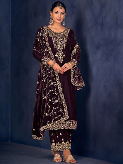 Purple Festive Suit In Palazzo Style With Dupatta