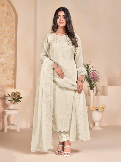 Off White Pant Style Salwar Kameez In Thread Work